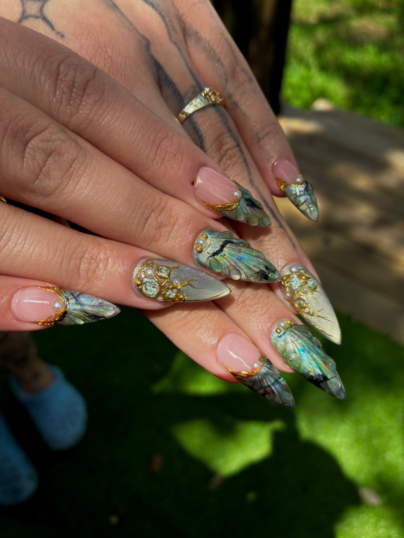 Cicada wing 3D art nails with pearls and gold